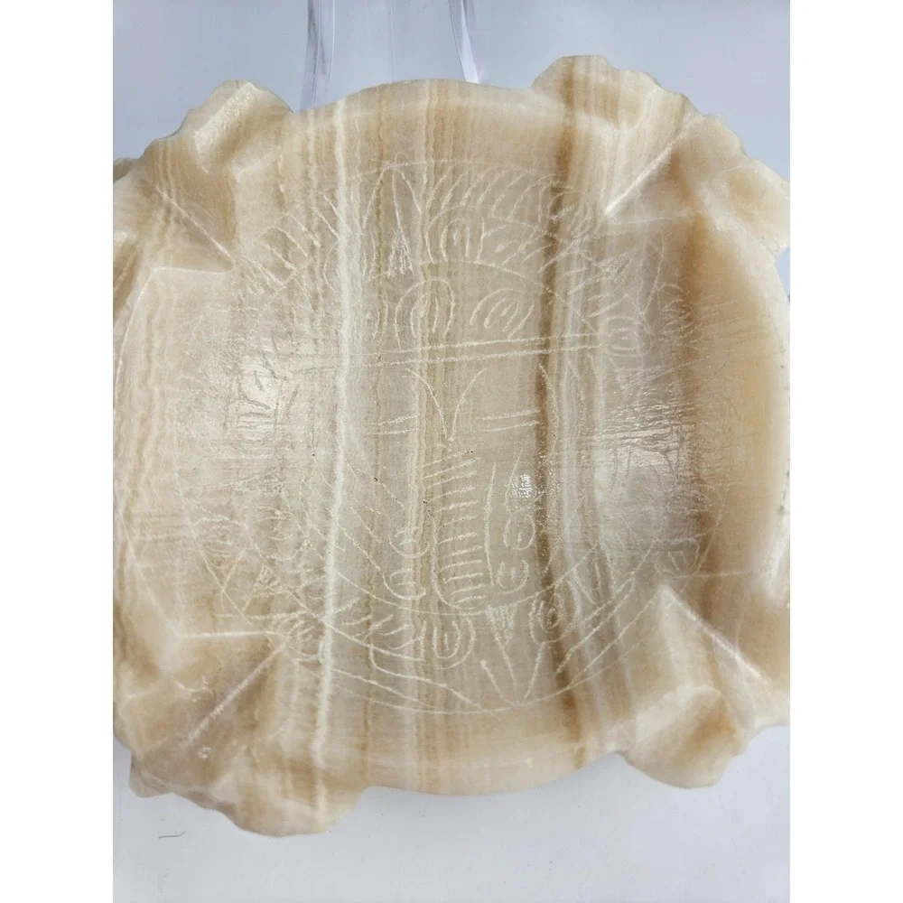 Vintage Carved Onyx Stone‎ Trinket Dish Aztec Motif Catch All